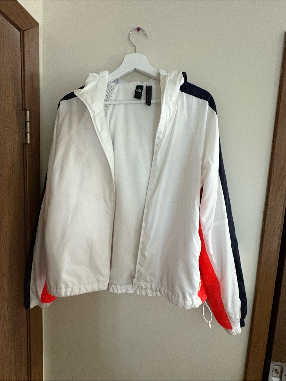 adidas White Hooded Athletic Jacket with Black Logo Tag